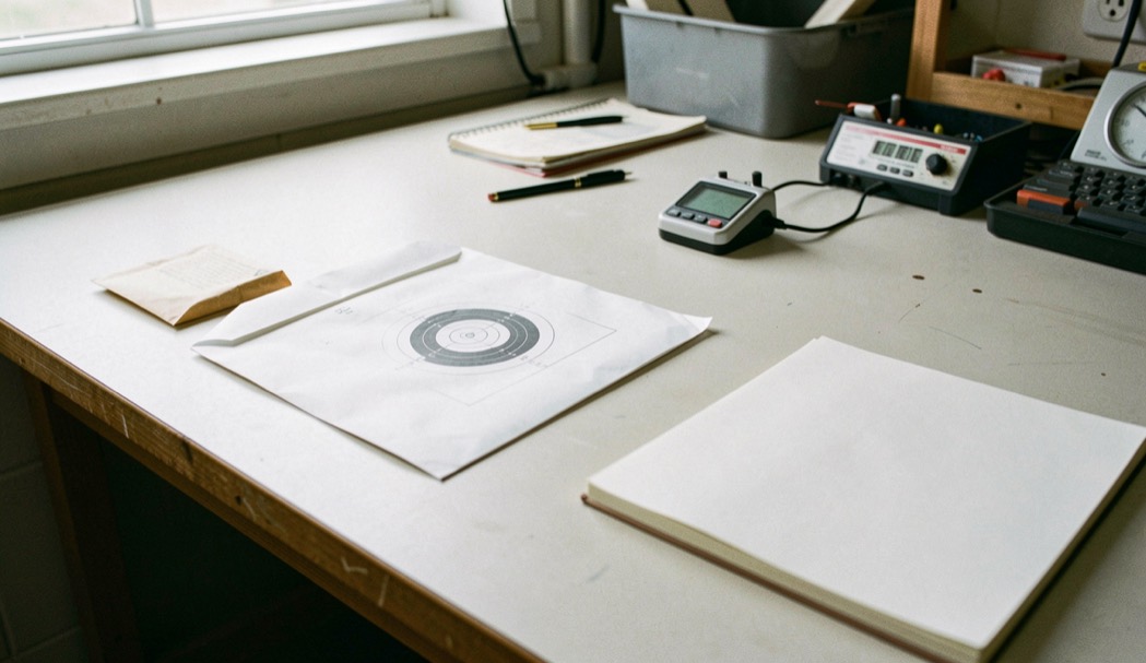 A clean workshop table with a blind target envelope, timer and plain notebook ready for a documented session