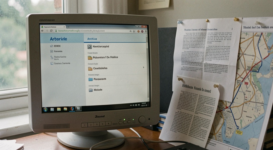 An early flat-screen computer displaying a simple archive index beside printed web pages and a route map