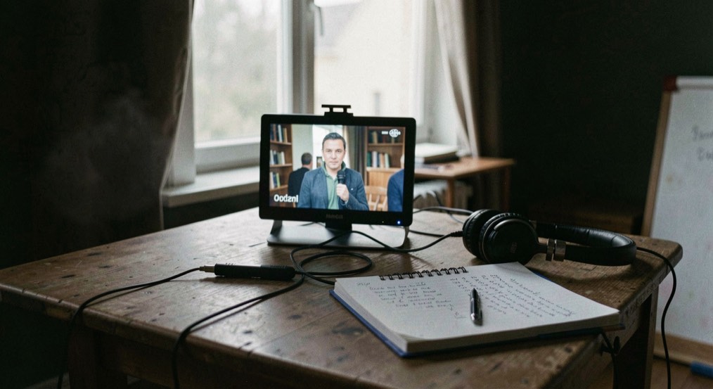 A documentary screening setup with a small monitor, headphones and research notes in a darkened room