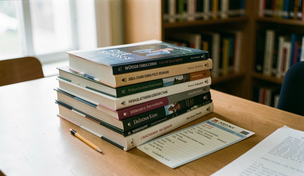 Research books and a catalog card arranged for the archive sponsorship policy