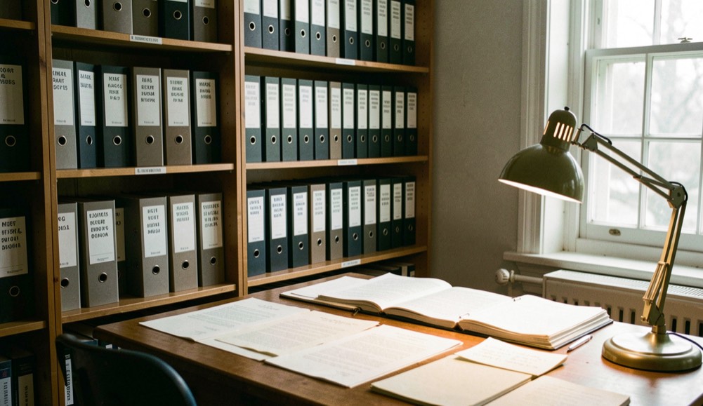 Archival folders and a dated chronology prepared for the Roads Timeline